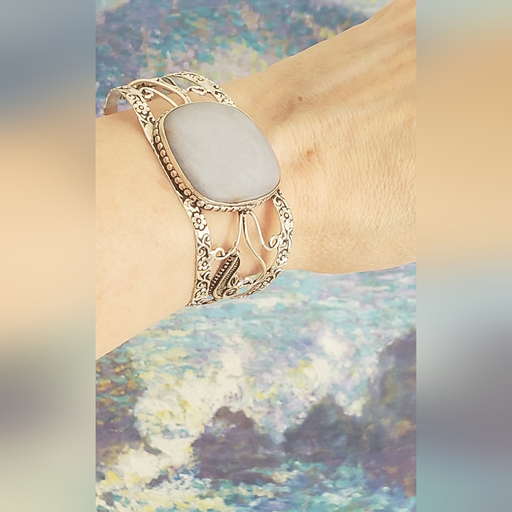 Angelite Gemstone Adjustable 925 Stamped Silver Bracelet, New, Grey Blue, Handmd - Picture 12 of 13